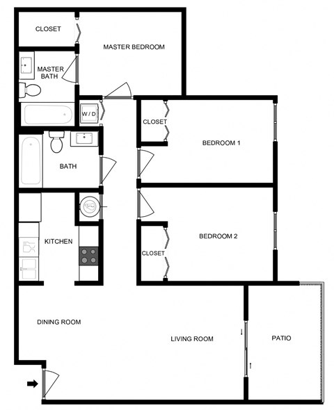 Floor plan for 3 beds, 2 baths, 1030 sqft